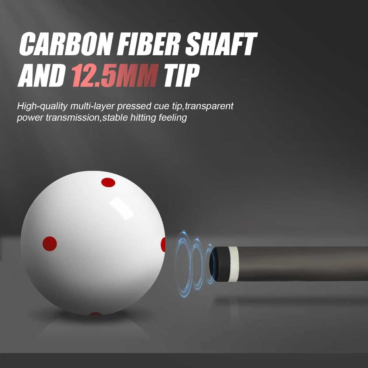 Carbon Fiber Pool Cue, 100% Carbon Fiber Shaft & Composite Butt. Pro Taper Design, 12.5mm Tip, 3/8-8 Joint Pin, Wrapless Grip, Professional Low Deflection Pool Sticks for Adults