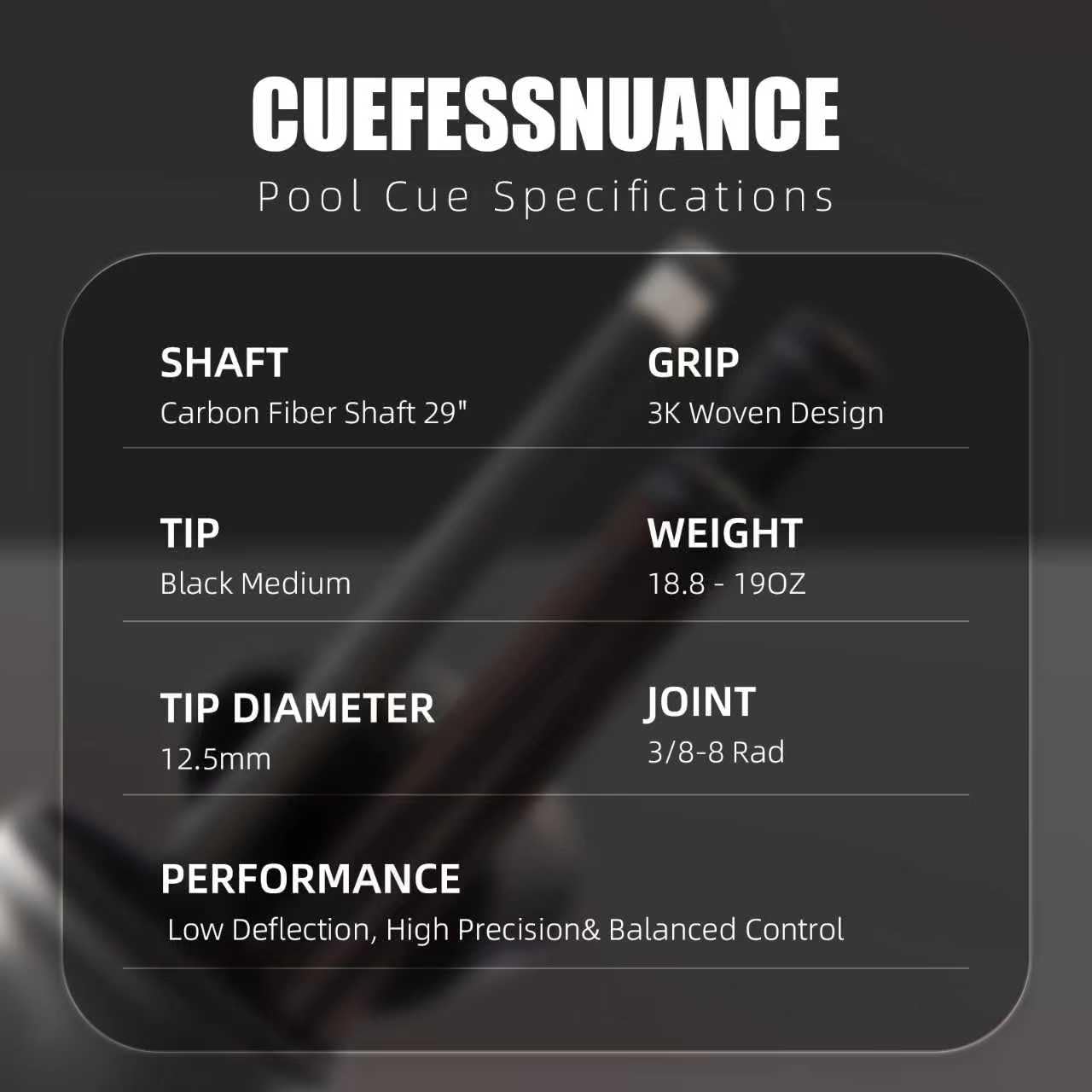 Carbon Fiber Pool Cue, 100% Carbon Fiber Shaft & Composite Butt. Pro Taper Design, 12.5mm Tip, 3/8-8 Joint Pin, Wrapless Grip, Professional Low Deflection Pool Sticks for Adults