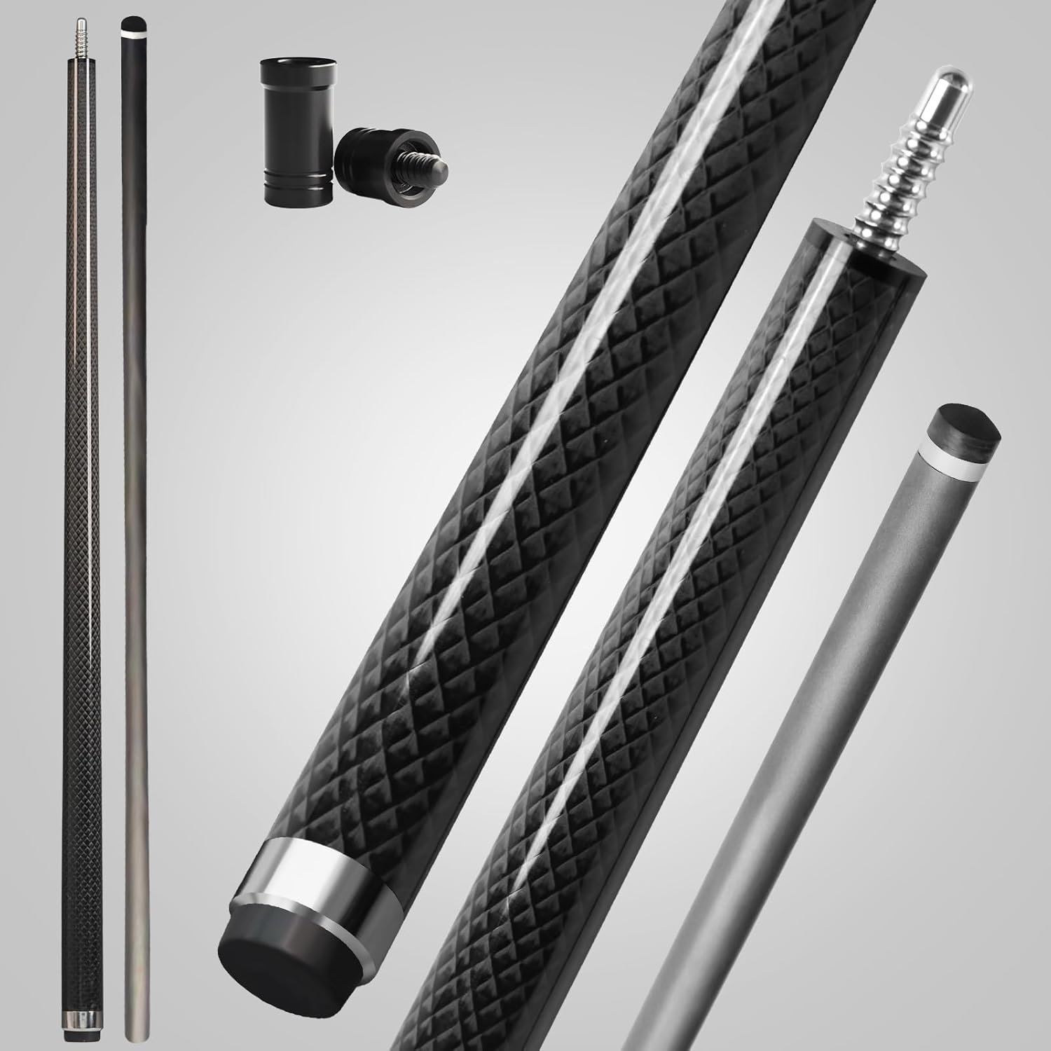 Carbon Fiber Pool Cue, 100% Carbon Fiber Shaft & Composite Butt. Pro Taper Design, 12.5mm Tip, 3/8-8 Joint Pin, Wrapless Grip, Professional Low Deflection Pool Sticks for Adults
