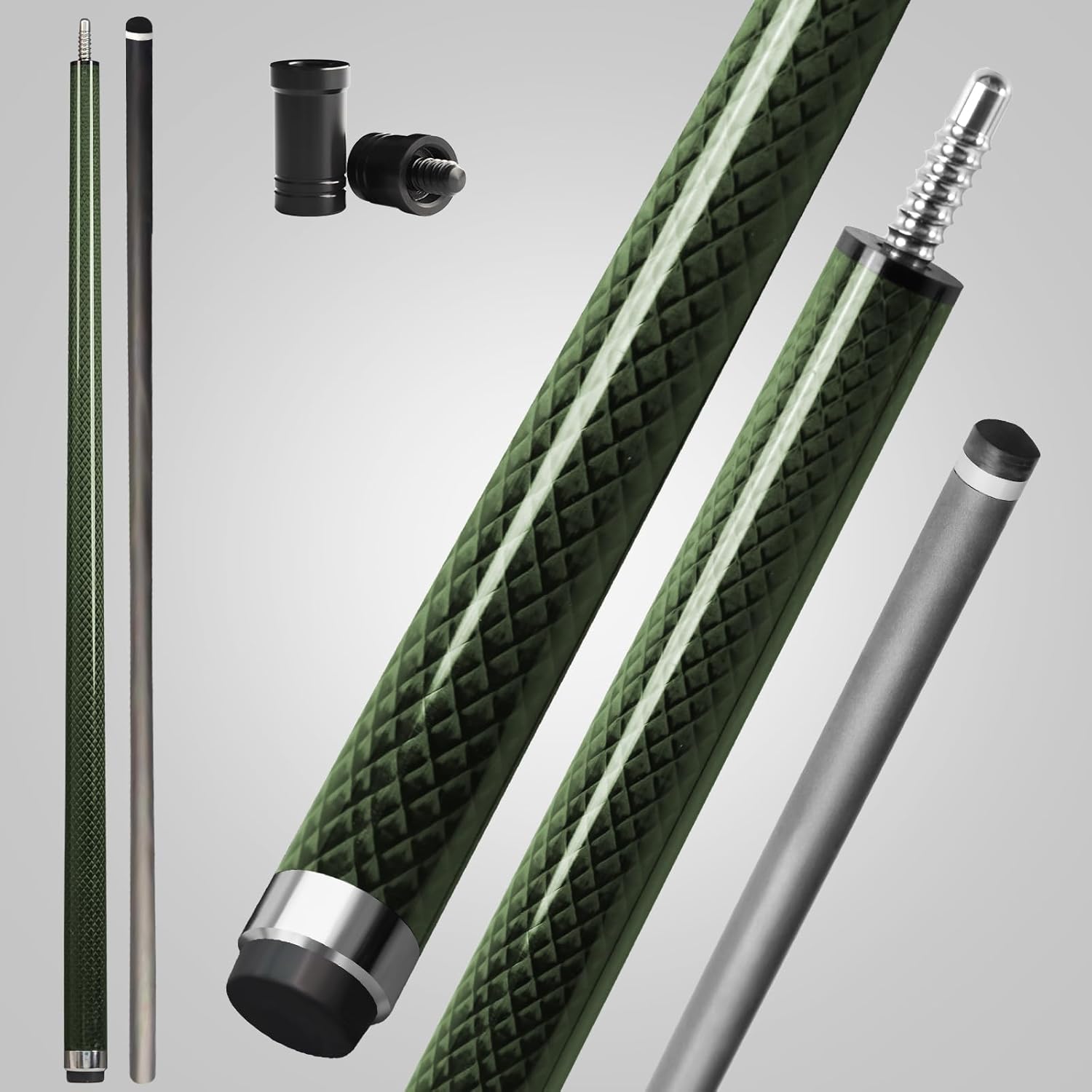 Carbon Fiber Pool Cue, 100% Carbon Fiber Shaft & Composite Butt. Pro Taper Design, 12.5mm Tip, 3/8-8 Joint Pin, Wrapless Grip, Professional Low Deflection Pool Sticks for Adults