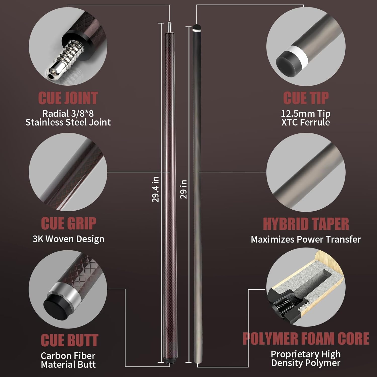 Carbon Fiber Pool Cue, 100% Carbon Fiber Shaft & Composite Butt. Pro Taper Design, 12.5mm Tip, 3/8-8 Joint Pin, Wrapless Grip, Professional Low Deflection Pool Sticks for Adults