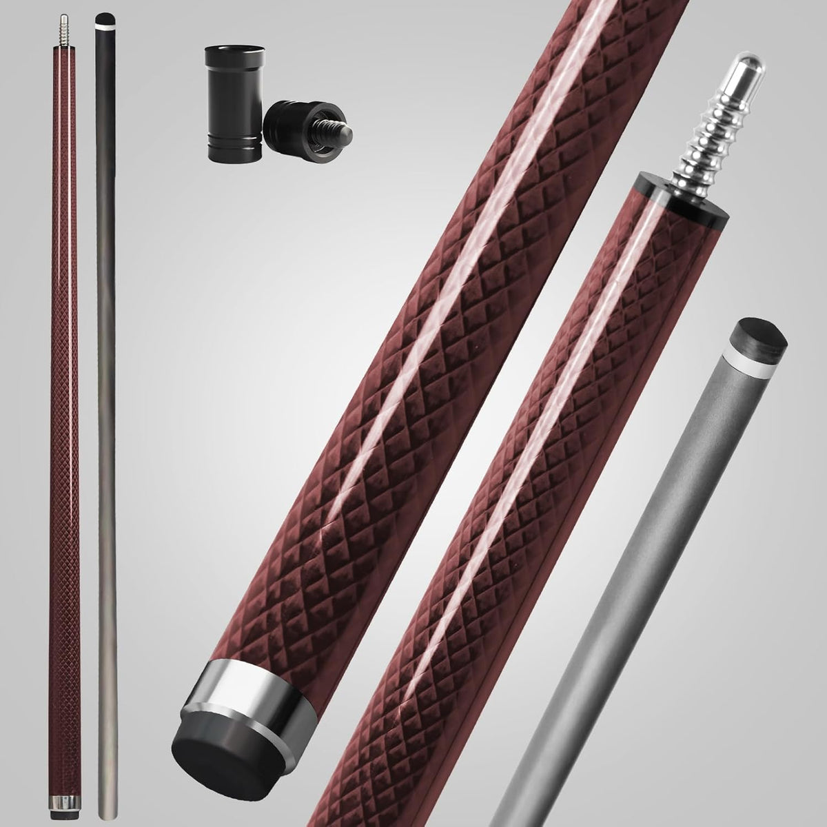 Carbon Fiber Pool Cue, 100% Carbon Fiber Shaft & Composite Butt. Pro Taper Design, 12.5mm Tip, 3/8-8 Joint Pin, Wrapless Grip, Professional Low Deflection Pool Sticks for Adults